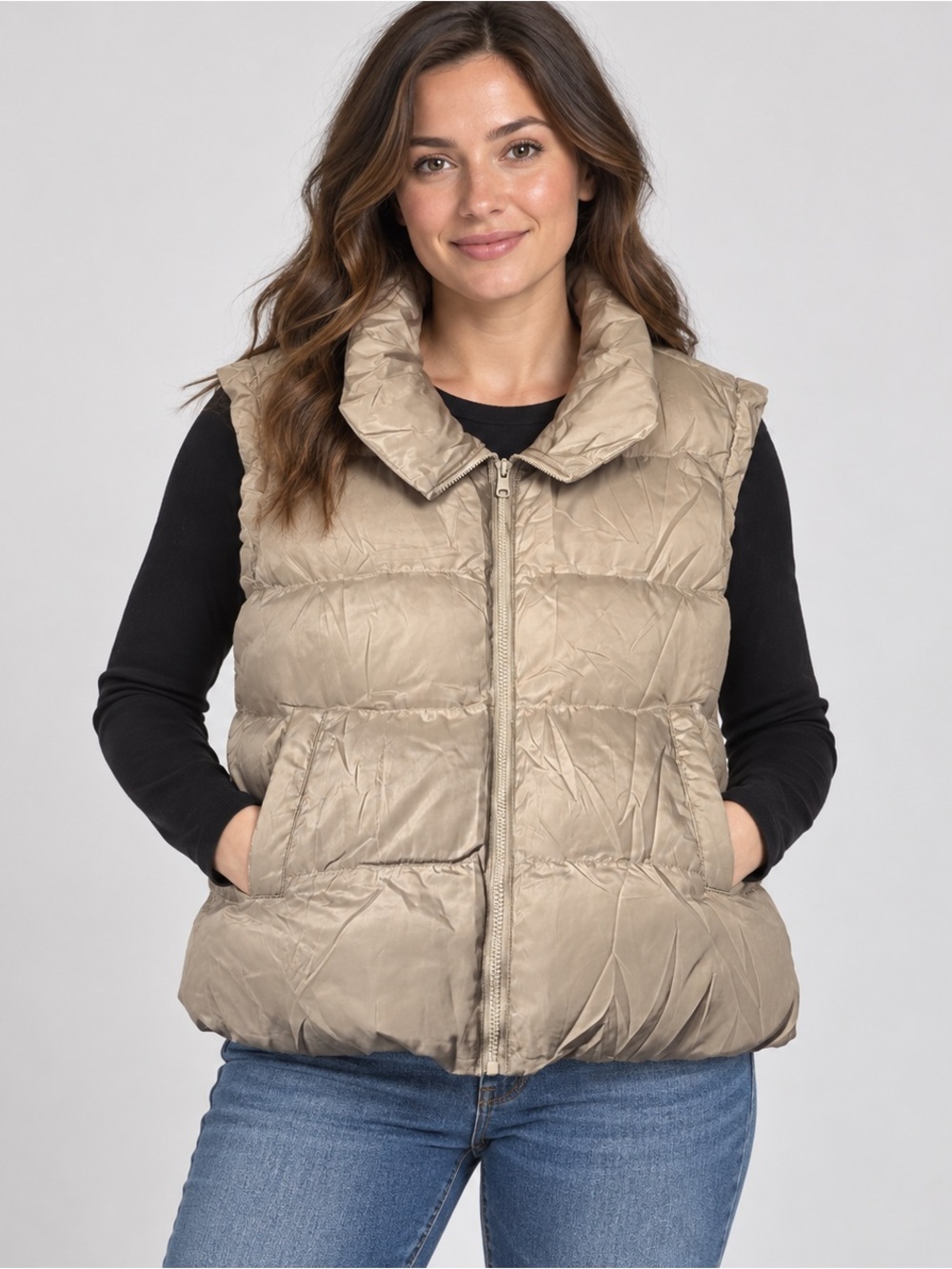 Automet Women’s Beige Taupe Quilted Puffer Vest Full Zip Lightweight Jacket
